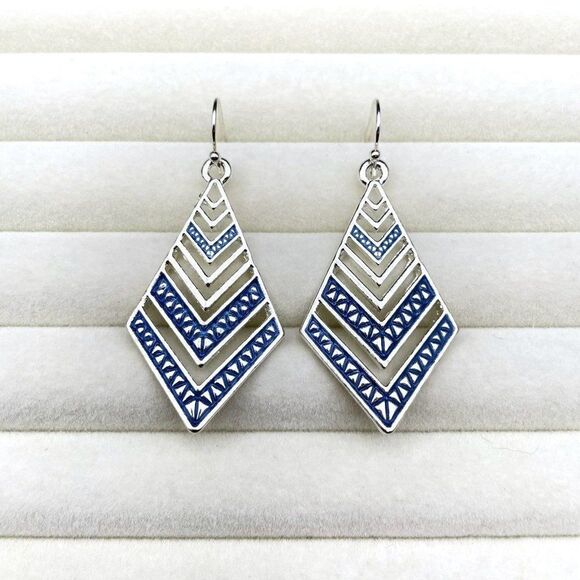 Silver with Blue Enamel Boho Tribal Rhombus Chevron Dangling Drop Hook Earrings - Picture 3 of 9
